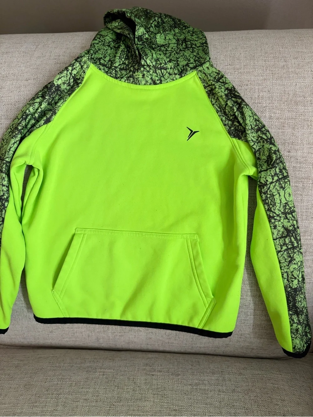 Kids Neon Green Hooded Sweatshirt w/Pocket & Patterned Sleeves Size 5 Go-Dry 👍🏻